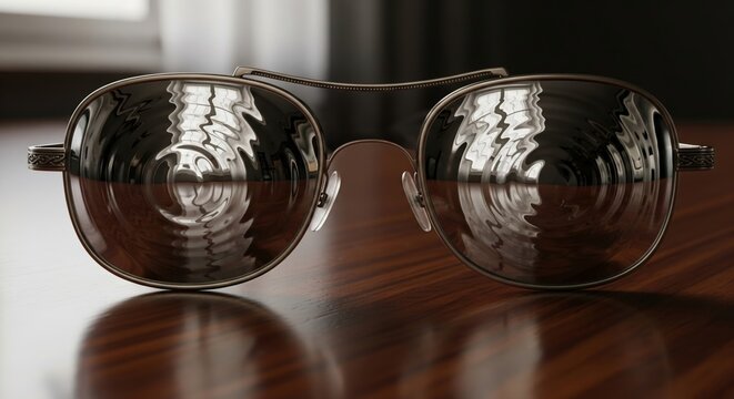 Aviator sunglasses reflecting distorted ripple pattern on polished wood - Powered by Adobe