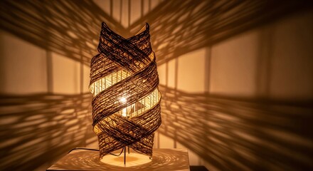 Spinning wire sculpture lamp casting geometric shadows on walls