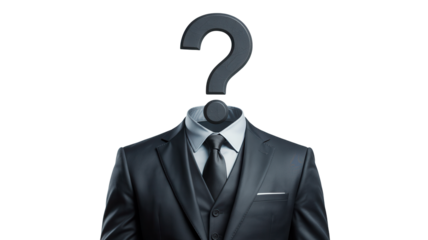 Mysterious businessman with a large question mark for a head against a dark background