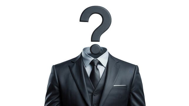 Mysterious businessman with a large question mark for a head against a dark background