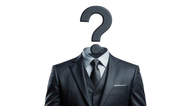 Mysterious businessman with a large question mark for a head against a dark background