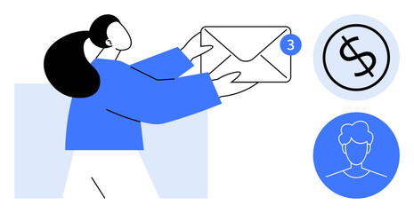 Woman holding an envelope with a notification badge. Nearby are icons for payment dollar sign and user profile. Ideal for email, communication, notification, online banking, personal finance