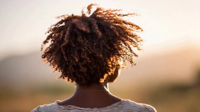 Woman With Curly Hair Bathed in Golden Sunset Light Outdoor Serenity.