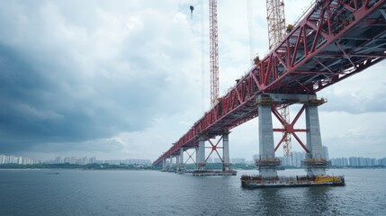 Fototapeta premium Dramatic perspective of bridge construction girders, rust-resistant coatings under stormy skies, bottom 25% clear for slogans,