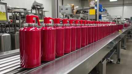 Hero shot of fire extinguishers on production conveyor, bright red finishes against stainless steel, 25% bottom margin for text,