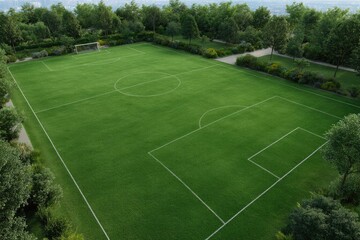 Fototapeta premium Soccer Field in a Park Setting with Distant Cityscape