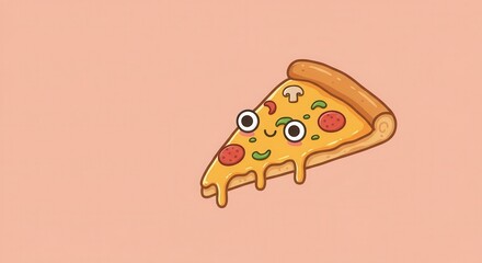 Playful illustration showcasing a charming pizza slice character with cartoon eyes and a smiling expression, adorned with mushrooms, pepperoni, and green pepper, dripping with melted cheese, set...
