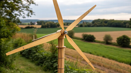 Renewable energy wind off grid wooden wind turbine in rural landscape providing sustainable power and peaceful countryside mood
