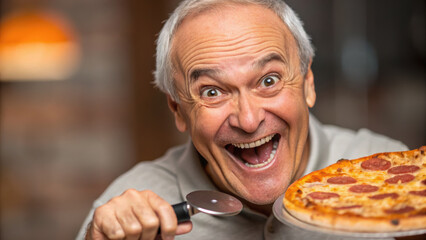 Senior man cooking singing while joyfully presenting pepperoni pizza with pizza cutter in warm kitchen mood