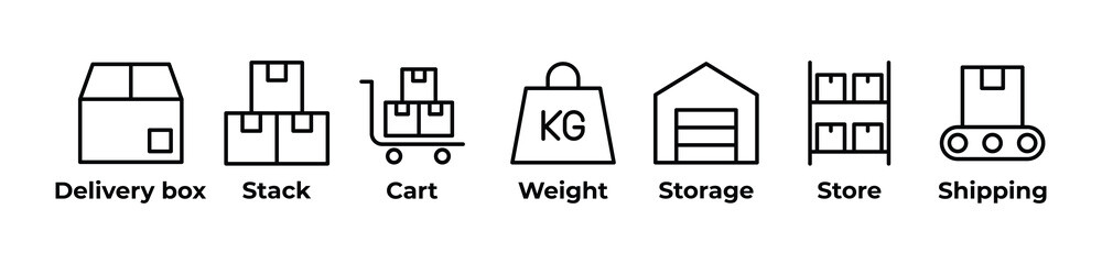 From Storage to Shipping Icons set vector illustration with Delivery box, Stack, Cart, Weight, Storage, Store, Shipping