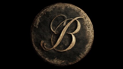 Elegant golden letter b design on dark stone circle isolated backdrop