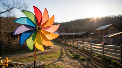 Colorful pinwheel on post renewably inspired scene with renewable energy hint wind motion off grid rural playfulness at sunset