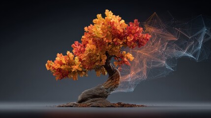 Whirl of autumn: graceful leaves in motion. Machine network. Copper and golden hues: oak leaves dancing in the air. Artificial intelligence. Data connectivity.