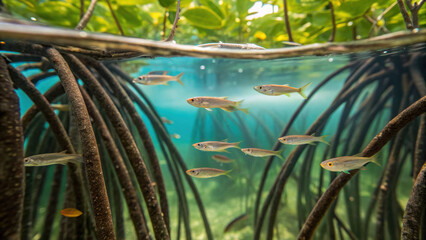 Biodiversity conservation endangered reforestation mangrove nursery with schooling fish and aerial roots creating serene