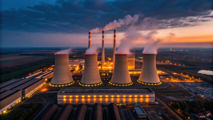Power plant energy production industrial complex skyline at dusk with cooling tower steam and warm light