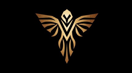 Golden abstract bird emblem on black background for design elements