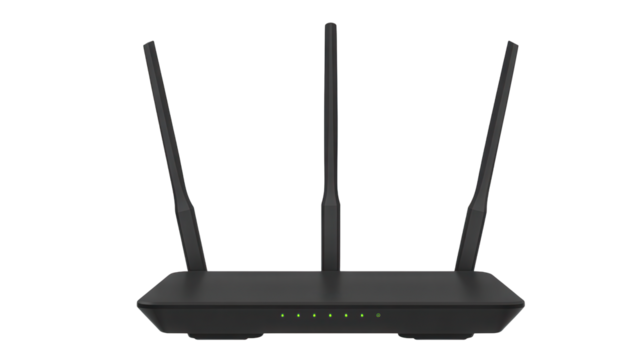 Modern black wireless router with three adjustable antennas on a dark background for home or office internet connectivity