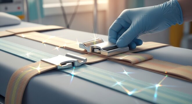 Close-up of gloved hand fastening hospital bed restraints for patient safety and security