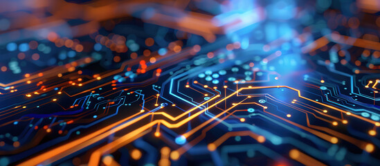 Digital Pathways: Intricate circuit board glows with a vibrant array of interconnected pathways, symbolizing the complex world of technology, communication, and innovation.