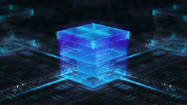 Abstract 3D Animation of Digital Blockchain Network Connected in Futuristic Ai Cubes. Symbol of Cybersecurity, Artificial Intelligence, Data Flow, Modern Technology for Computer Systems and Server 4k