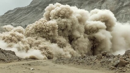 Massive cloud of dust erupts from a rocky mountainside during a controlled explosion.