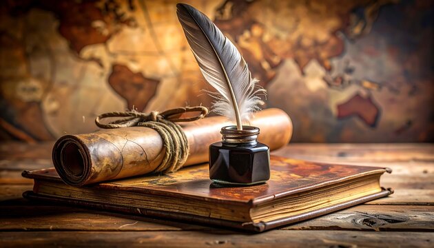 Quill pen and scroll on old book with map