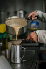 Person straining brown liquid from metal pot through sieve into metal pitcher chai pouring