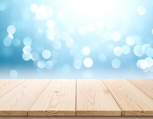 Light Wooden Table Surface With Bright Blue Bokeh Lights For Product Display
