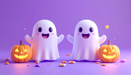 Cute Happy Ghosts And Glowing Jack O Lanterns With Candy On Purple Background For Halloween