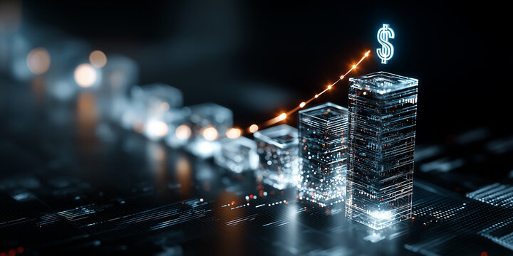 Futuristic digital bar graph with glowing bars and dollar symbol represents financial growth and success. sleek design and vibrant colors convey innovation and progress