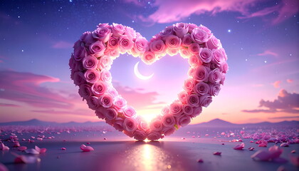 Romantic Rose Heart With Crescent Moon Under A Dreamy Pink And Purple Sky