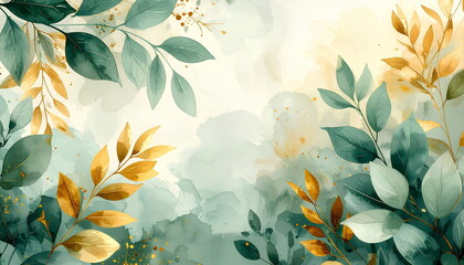 Watercolor Green And Gold Leaves Botanical Background
