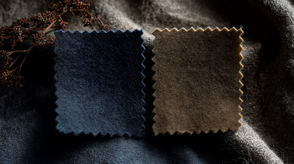 Dark and light fabric swatches side by side on textured background, showcasing contrast and texture. swatches have zigzag edge, adding decorative touch