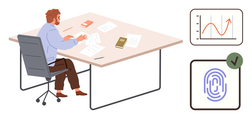 Man seated at desk examining papers, laptop, and books. Nearby, a growth chart and fingerprint verification. Ideal for business strategy, analysis, technology, security authentication growth