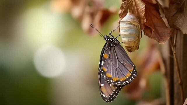 Emerging Wings: A newly emerged butterfly delicately clings to its chrysalis, its vibrant wings unfolding in the soft light, heralding a new chapter of life.