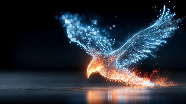 Majestic phoenix rises from ashes, its wings ablaze with vibrant fire and shimmering light, symbolizing rebirth and transformation in dramatic, cinematic style
