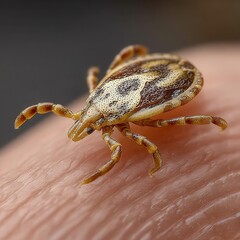 Close-up realistic photo of a tick on human skin in natural daylight showing medical risk of bite with sharp photorealistic detail.