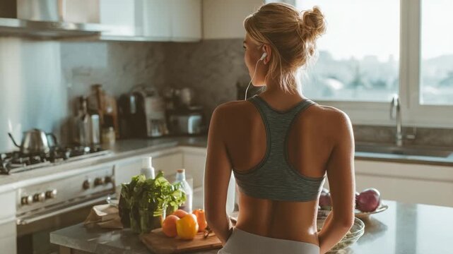 Kitchen wellness: A healthy individual stands in a well-lit kitchen, contemplating the fresh ingredients spread before them, with the anticipation of crafting a nutritious meal. 