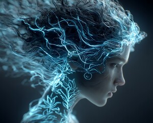 Bioluminescent hair strands and glowing herbal tattoos on future human portrait