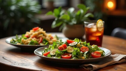 Fresh Garden Salad and Pasta Dish with Iced Tea