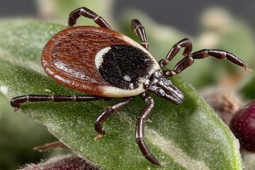 Macro realistic photo of a tick crawling on a green blade of grass in natural daylight with sharp detail of body and legs in photorealistic style.