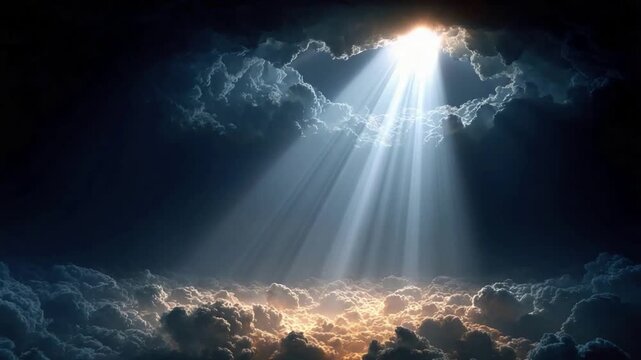 Divine sunbeams pierce through stormy clouds, illuminating a heavenly sky.