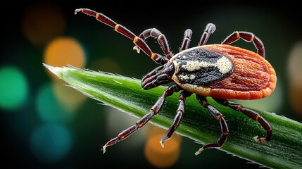 Macro realistic photo of a tick crawling on a green blade of grass in natural daylight with sharp detail of body and legs in photorealistic style.