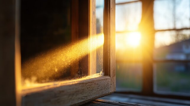 Beam of golden light piercing through dusty old window, casting warm glow into dark room