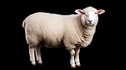 Fototapeta premium Beautiful white sheep isolated against a black background, soft fur and expressive eyes highlighted by subtle light