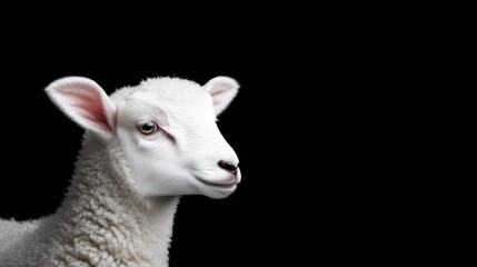 Obraz premium Beautiful white sheep isolated against a black background, soft fur and expressive eyes highlighted by subtle light