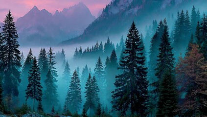 Mountainous coniferous forest landscape with mist and a soft pink sky nature trees