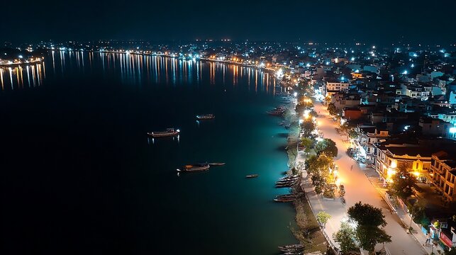 Captivating aerial view of Hoi An at night reflecting city lights on the river