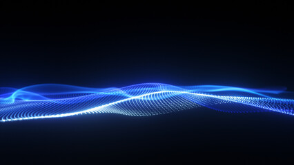 Flowing digital blue wave of glowing lines on dark background.