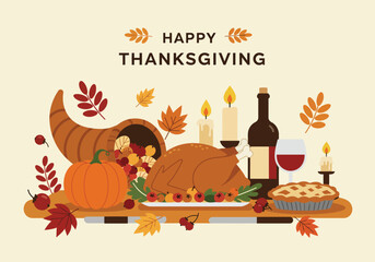 Happy Thanksgiving feast with roasted turkey, pumpkin pie, wine, cornucopia, and autumn leaves on a table.